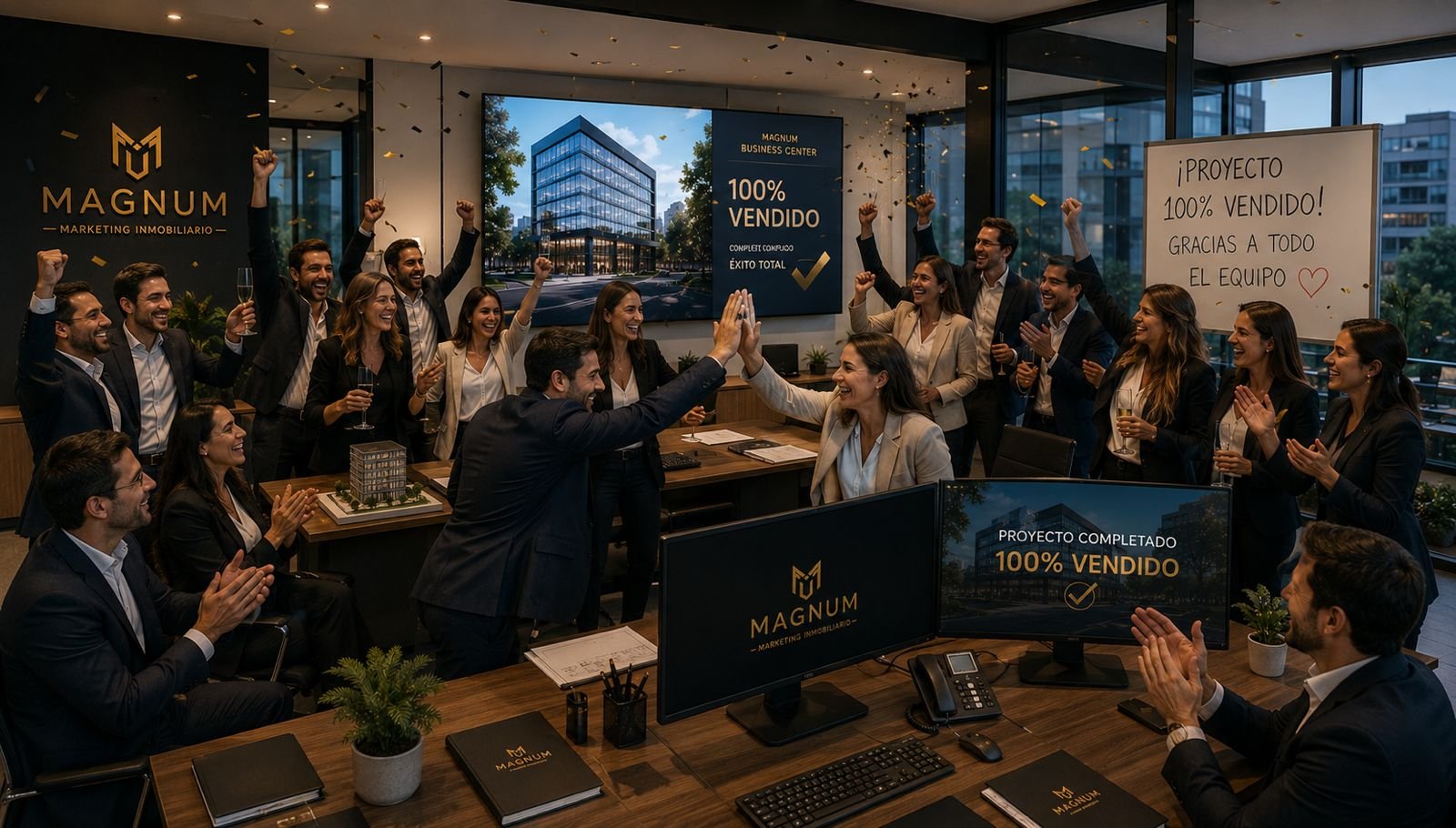 Equipo Magnum celebrando un proyecto 100% vendido
